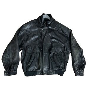 Vintage 90s Black Leather Limited Aviator Bomber Jacket Motorcycle Men XL Rocker